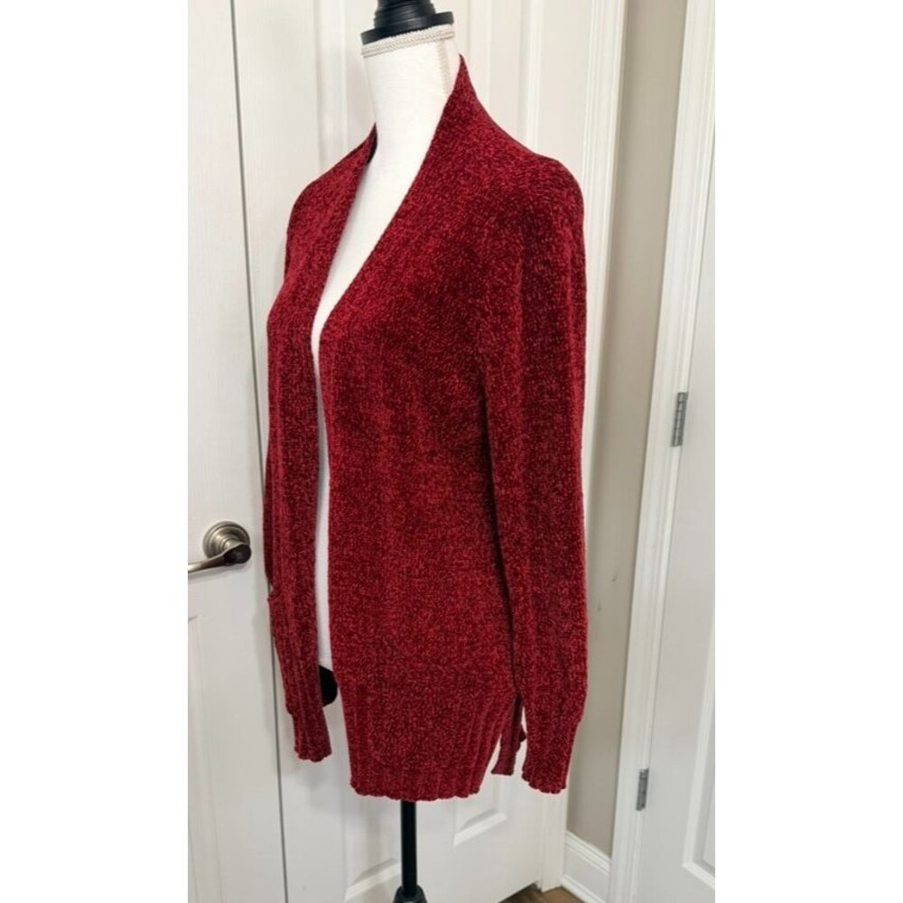 Seven7 Red Chenille Cardigan Medium Open Front Cozy Sweater Pockets